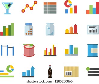 Color flat icon set lemonade flat vector, cocktail, glass bottles, chart, statistics, scatter, barcode, statistic, achievement, vitamins, parallel bars, proteins, steroids, menu
