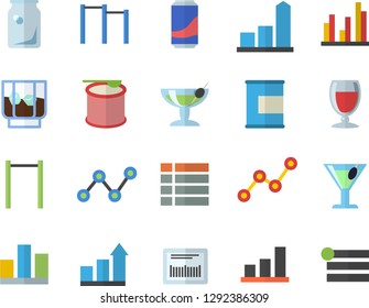 Color flat icon set lemonade flat vector, wine, cocktail, whiskey, glass bottles, chart, scatter, barcode, statistic, achievement, parallel bars, proteins, steroids, fector, menu