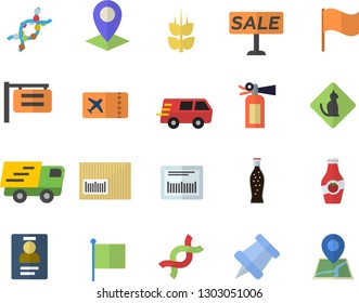 Color flat icon set lemonade flat vector, ketchup, ear, signboard, location, flag, sell out, trucking, barcode, DNA, badge, pushpin, ticket fector, pets allowed, fire extinguisher