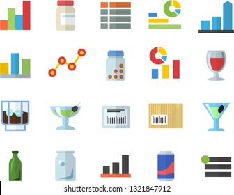 Color flat icon set lemonade flat vector, wine, cocktail, whiskey, glass bottles, chart, statistics, scatter, barcode, statistic, vitamins, fector, menu