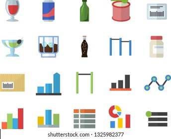Color flat icon set lemonade flat vector, wine, whiskey, glass bottles, chart, statistics, scatter, barcode, statistic, vitamins, parallel bars, steroids, cocktail fector, menu