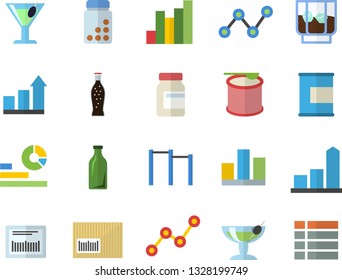 Color flat icon set lemonade flat vector, cocktail, whiskey, glass bottles, chart, statistics, scatter, barcode, statistic, achievement, vitamins, parallel bars, proteins, steroids, fector, menu