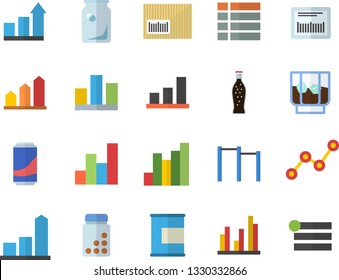 Color flat icon set lemonade flat vector, whiskey, glass bottles, chart, scatter, barcode, statistic, achievement, vitamins, parallel bars, proteins, menu