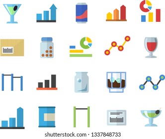 Color flat icon set lemonade flat vector, wine, cocktail, whiskey, glass bottles, chart, statistics, scatter, barcode, achievement, vitamins, parallel bars, proteins, fector
