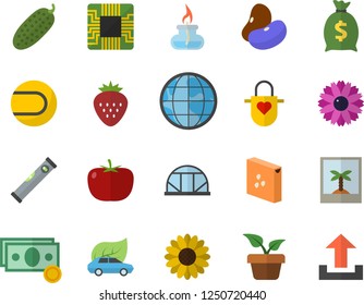 Color flat icon set level meter flat vector, apron, groats, tomato, legumes, cucumber, Strawberry, home plant, flower, greenhouse, eco cars, motherboard, earth, cash, wealth, gas burner, tennis ball