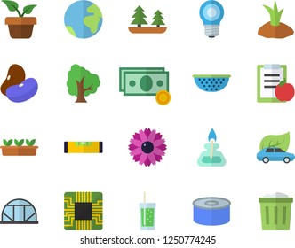 Color flat icon set level meter flat vector, colander, legumes, canned food, soda, home plant, tree, flower, planting plants, seedlings, greenhouse, lamp, forest, eco cars, motherboard, cash, diet