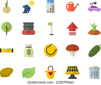 Color flat icon set level meter flat vector, apron, double boiler, mushroom, potato, onion, cucumber, tree, watering can, planting plants, solar battery, leaf, electric cars, wealth, vitamins, trash