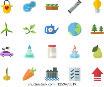 Color flat icon set level meter flat vector, apron, onion, carrot, pear, watering can, seedlings, pond, windmill, tree leaf, lamp, forest, hydroelectric power station, electric cars, to do list
