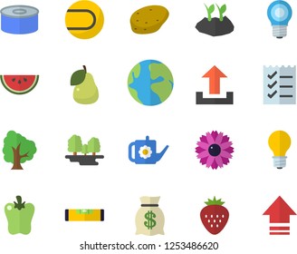 Color flat icon set level meter flat vector, potato, canned food, watermelon, bell pepper, Strawberry, pear, tree, flower, watering can, planting plants, lamp, forest, earth, wealth, to do list
