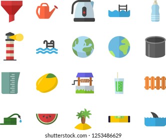 Color flat icon set level meter flat vector, heating batteries, meashuring cup, electric kettle, lemon, watermelon, soda, well, hose, watering can, pipe production, lighthouse, funnel, water, pool