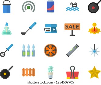 Color flat icon set level meter flat vector, heating batteries, hiking pot, teflon, ladle, kitchen spoon, coffee machine, lemonade, ventilation, energy saving lamp, laser, sell out, ampoule, pool