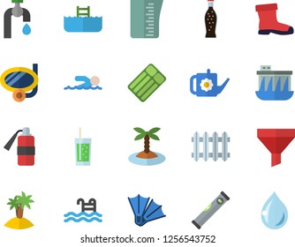 Color flat icon set level meter flat vector, meashuring cup, lemonade, soda, watering can, gumboots, water tap, hydroelectric power station, radiator, funnel, swimming, pool, island fector, mask