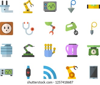 Color flat icon set level meter flat vector, sockets, construction plummet, weighing machine, electric kettle, mixer, plug socket, robotics, stethoscope, copy, robot hand, oscilloscope, industrial