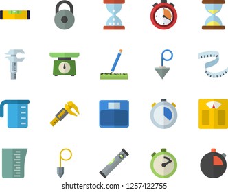 Color flat icon set level meter flat vector, measure, construction plummet, weighing machine, meashuring cup, stopwatch, trammel, weight, centimeter, hourglass