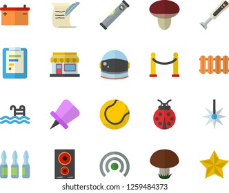 Color flat icon set level meter flat vector, heating batteries, induction cooker, blender, mushroom, ladybird, grain warehouse, accumulator, laser, graphic report, ampoule, hostory roll, tennis ball