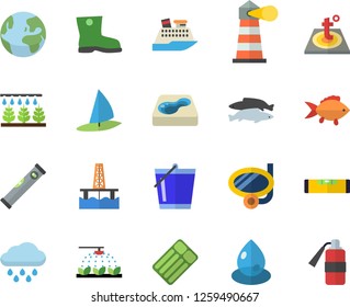 Color flat icon set level meter flat vector, warm floor, fish, sprinkling machine, bucketful, gumboots, rain, pool, oil production platform, drop, lighthouse, earth fector, swimming mask