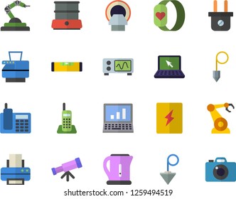 Color flat icon set level meter flat vector, switch box, construction plummet, electric kettle, double boiler, plug socket, robotics, tomograph, telephone, printer, copy machine, laptop, computer