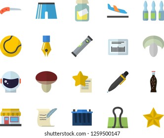 Color flat icon set level meter flat vector, mushroom, lemonade, grain warehouse, knife, accumulator, barcode, medical analysis, ampoule, ink pen, hostory roll, astronaut helmet fector, tennis ball