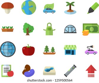 Color flat icon set level meter flat vector, apron, mushroom, tomato, legumes, tree, seedlings, pool, greenhouse, forest, eco cars, electric, earth, cash, marker, diet, island fector, shop, upload