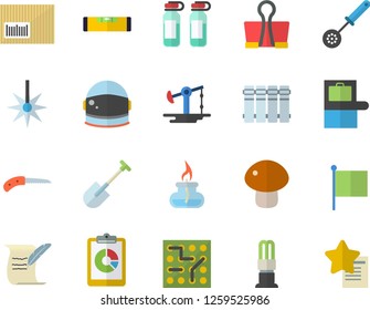 Color flat icon set level meter flat vector, heating batteries, kitchen spoon, mushroom, shovel, knife, oil pumping, energy saving lamp, laser, graphic report, flag, barcode, ampoule, gas burner