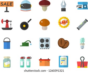 Color Flat Icon Set Level Meter Flat Vector, Hiking Pot, Teflon, Electric Stove, Coffee Machine, Mushroom, Beans, Hose, Oil Pumping, Accumulator, Energy Saving Lamp, Graphic Report, Sell Out