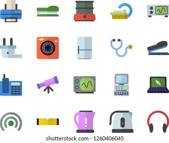 Color flat icon set level meter flat vector, electric kettle, double boiler, fridge, plug socket, stethoscope, tomograph, telephone, printer, laptop, stapler, computer, oscilloscope, telescope