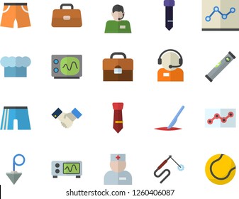 Color flat icon set level meter flat vector, construction plummet, cook hat, welding, telephone operator, physician, briefcase, scalpel, point diagram, tie, agreement, oscilloscope, athletic shorts