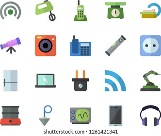 Color flat icon set level meter flat vector, sockets, construction plummet, weighing machine, mixer, double boiler, fridge, plug socket, robotics, tomograph, telephone, laptop, oscilloscope, mobile