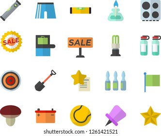 Color flat icon set level meter flat vector, electric stove, induction cooker, mushroom, shovel, accumulator, energy saving lamp, flag, sell out, ampoule, gas burner, athletic shorts, tennis ball