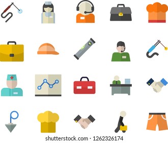 Color flat icon set level meter flat vector, hard hat, construction plummet, cook, welding, case, telephone operator, physician, briefcase, nurse, office worker, point diagram, agreement