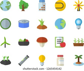 Color flat icon set level meter flat vector, sieve, mushroom, canned food, salad, tree, planting plants, seedlings, windmill, lamp, diet, vitamins, tennis ball, earth fector, island