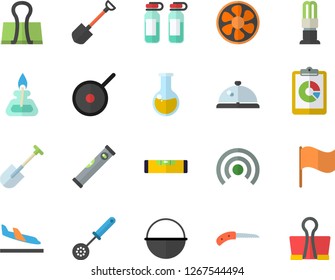 Color flat icon set level meter flat vector, cauldron, teflon, kitchen spoon, shovel, knife, ventilation, energy saving lamp, graphic report, flag, medical analysis, ampoule, gas burner, jingle