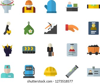 Color flat icon set level meter flat vector, hard hat, potholder, refueling, conveyor, construction worker, mining, physician, headache, badge, office, businessman