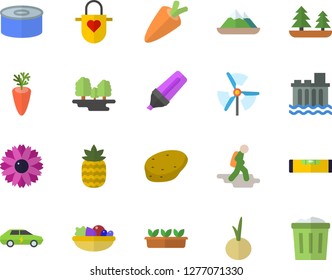 Color flat icon set level meter flat vector, apron, potato, carrot, canned food, salad, onion, pineapple, flower, seedlings, forest, hydroelectric power station, electric cars, marker, windmill