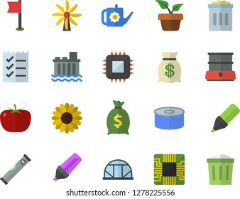Color flat icon set level meter flat vector, double boiler, tomato, canned food, home plant, flower, watering can, greenhouse, windmill, hydroelectric power station, motherboard, marker, wealth
