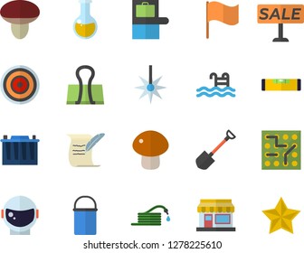 Color flat icon set level meter flat vector, hiking pot, induction cooker, mushroom, grain warehouse, shovel, hose, accumulator, laser, flag, sell out, medical analysis, hostory roll, pool