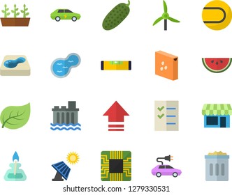 Color flat icon set level meter flat vector, groats, watermelon, cucumber, seedlings, pond, pool, solar battery, windmill, tree leaf, hydroelectric power station, electric cars, motherboard, upload