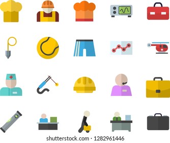 Color flat icon set level meter flat vector, hard hat, construction plummet, cook, worker, welding, case, physician, briefcase, helicopter, phone operator, office, point diagram, businessman