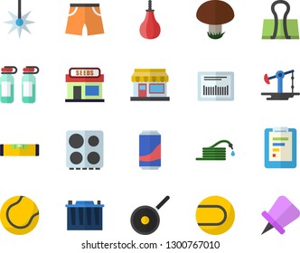 Color Flat Icon Set Level Meter Flat Vector, Teflon, Electric Stove, Lemonade, Mushroom, Grain Warehouse, Hose, Oil Pumping, Accumulator, Laser, Graphic Report, Barcode, Ampoule, Sports Pear