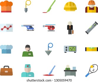 Color flat icon set level meter flat vector, hard hat, construction plummet, cook, worker, telephone operator, physician, briefcase, helicopter, scalpel, office, point diagram, businessman