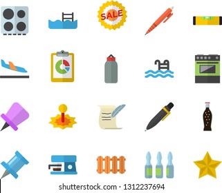 Color flat icon set level meter flat vector, heating batteries, electric stove, coffee machine, lemonade, laser, graphic report, sell out, ampoule, pen, hostory roll, sports pear, pool, drawing pin