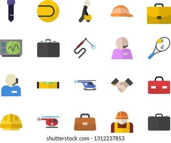 Color flat icon set level meter flat vector, hard hat, construction worker, welding, case, briefcase, helicopter, phone operator, tie, agreement, businessman, oscilloscope, tennis ball, fector