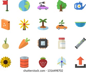 Color flat icon set level meter flat vector, colander, groats, carrot, canned food, onion, Strawberry, tree, flower, watering can, windmill, eco cars, electric, motherboard, vitamins, sports flag