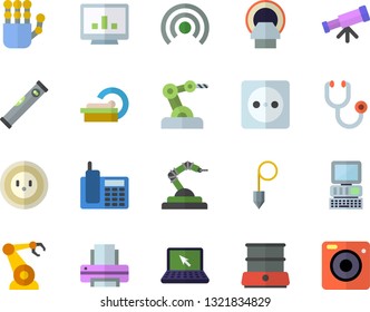 Color flat icon set level meter flat vector, construction plummet, double boiler, socket, robotics, stethoscope, tomograph, computer chart, telephone, printer, laptop, robot hand, industrial, camera