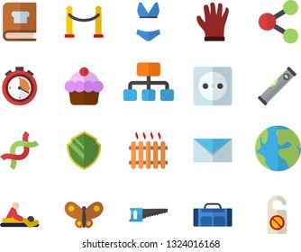 Color flat icon set level meter flat vector, cookbook, cake, saw, gloves, butterflies, socket, radiator, hierarchy, earth, molecules, massage, DNA, mail, stopwatch, swimsuit, sport bag, security