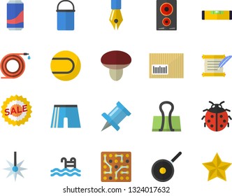 Color Flat Icon Set Level Meter Flat Vector, Hiking Pot, Teflon, Induction Cooker, Lemonade, Mushroom, Ladybird, Hose, Laser, Sell Out, Barcode, Ink Pen, Hostory Roll, Electronic Circuit, Pool