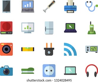Color flat icon set level meter flat vector, sockets, weighing machine, blender, fridge, plug socket, stethoscope, computer chart, telephone, printer, laptop, stapler, oscilloscope, broadcast