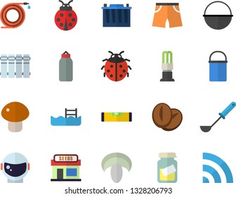 Color flat icon set level meter flat vector, heating batteries, cauldron, hiking pot, ladle, mushroom, coffee beans, ladybird, grain warehouse, hose, accumulator, energy saving lamp, sports pear