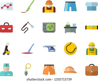 Color flat icon set level meter flat vector, hard hat, construction plummet, cook, worker, welding, physician, briefcase, helicopter, scalpel, office, point diagram, businessman, oscilloscope