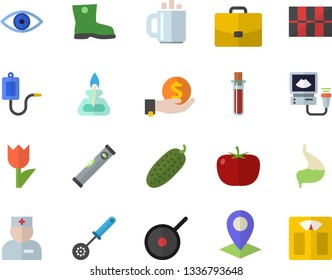 Color flat icon set level meter flat vector, tile, teflon, kitchen spoon, tomato, cucumber, gumboots, tulip, case, location, investments, medical warmer, blood test, physician, eye, ultrasound